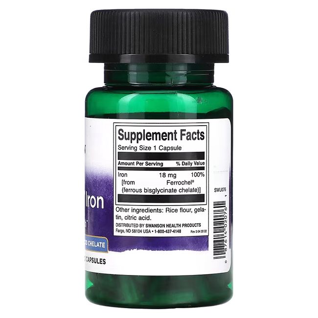 Rückseite einer grünen Flasche mit schwarzem Deckel. Etikett mit Nährwertangaben: 18 mg Eisen pro Kapsel.