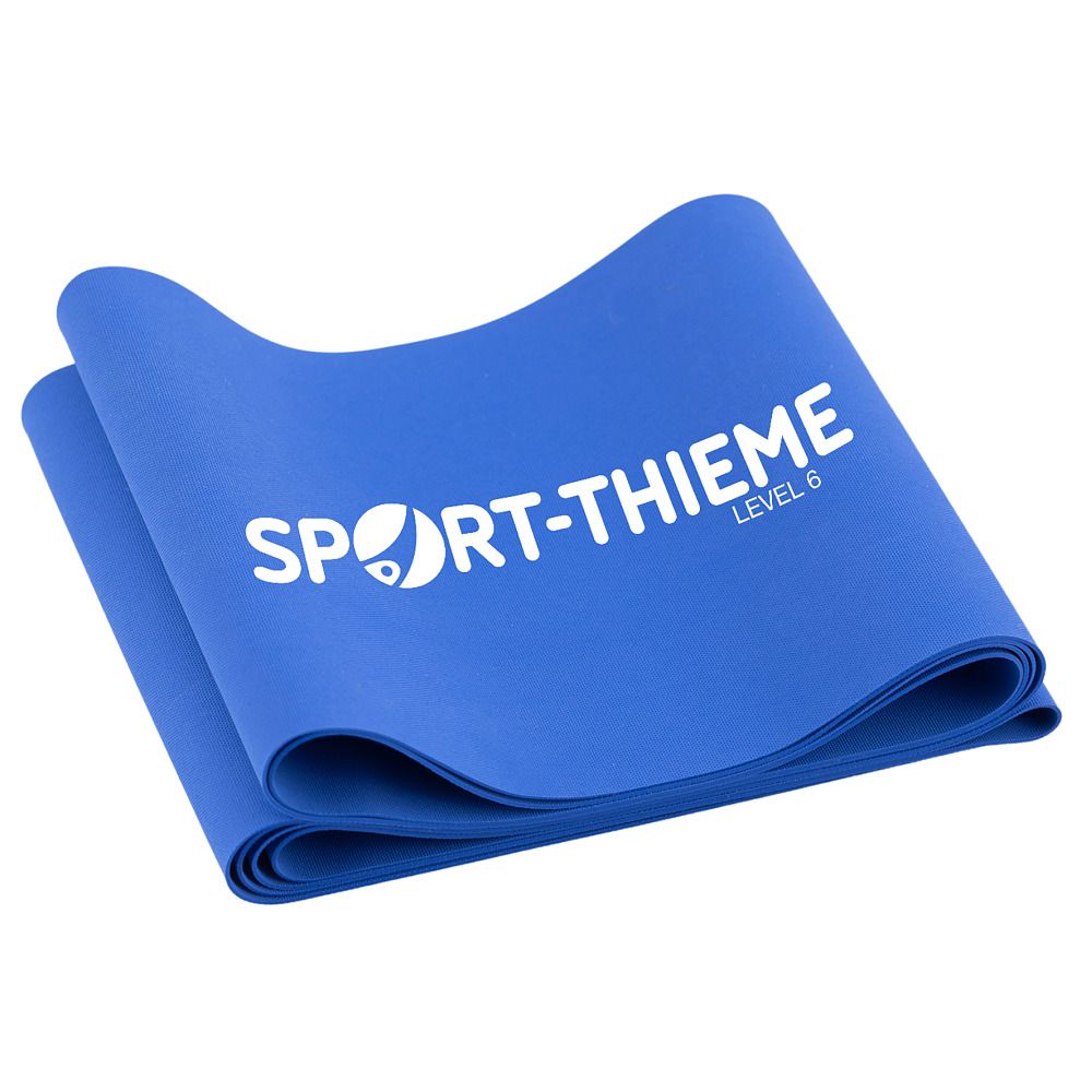 Blaues Fitnessband, gefaltet. Aufdruck: SPORT-THIEME und LEVEL 6.