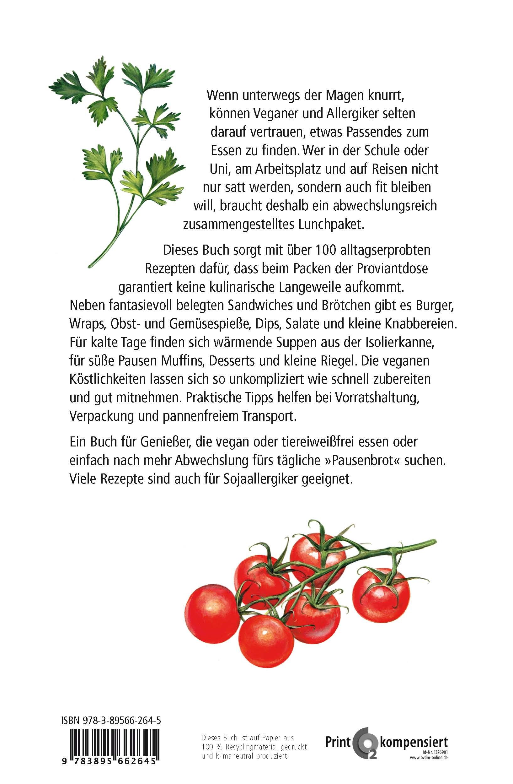 Rückseite des Buches "Vegan unterwegs". Text mit Rezepten, ISBN, Logo und Illustrationen von Tomaten und Kräutern.
