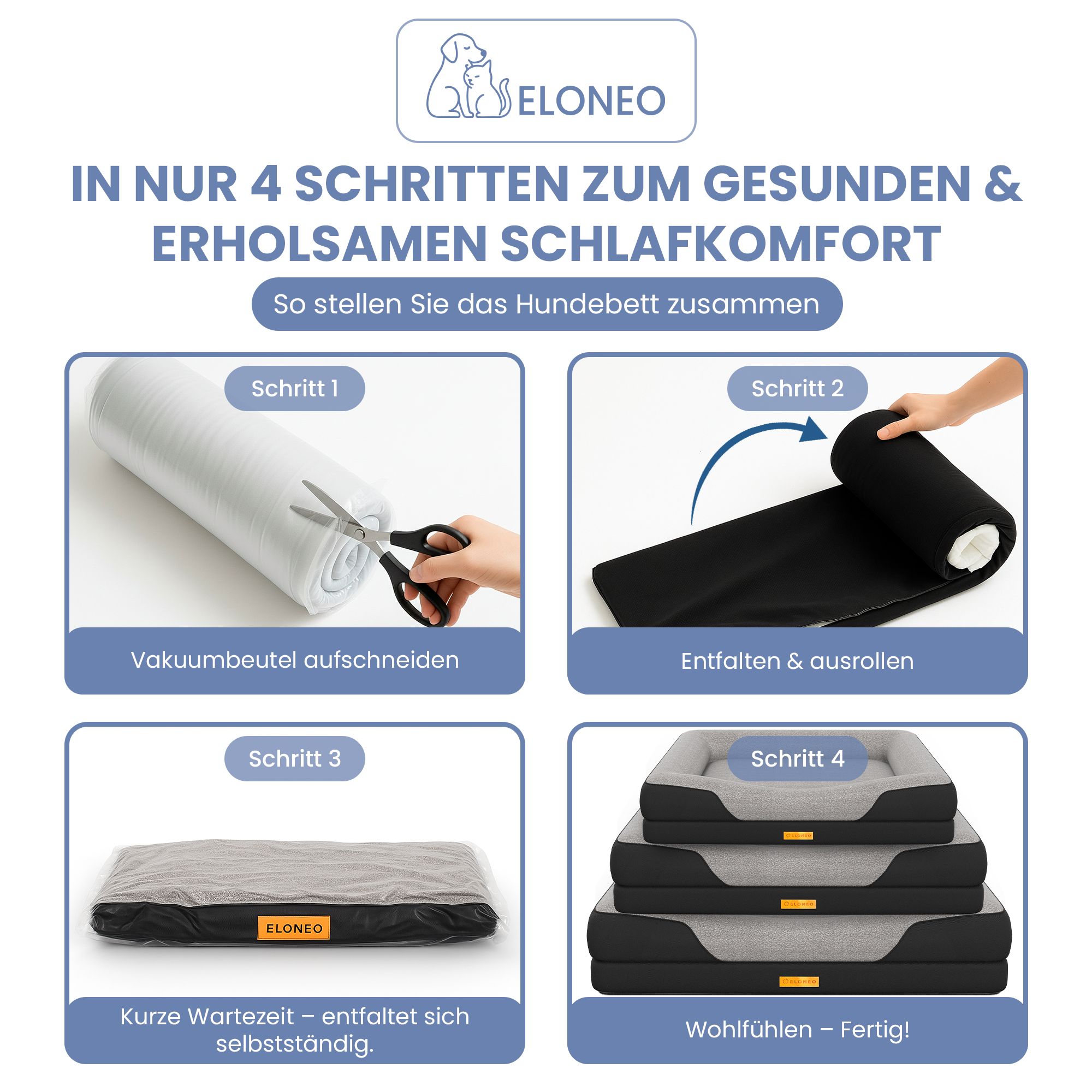 Hundebett-Montage in 4 Schritten. Vakuumbeutel aufschneiden, entfalten, warten, fertig. ELONEO.
