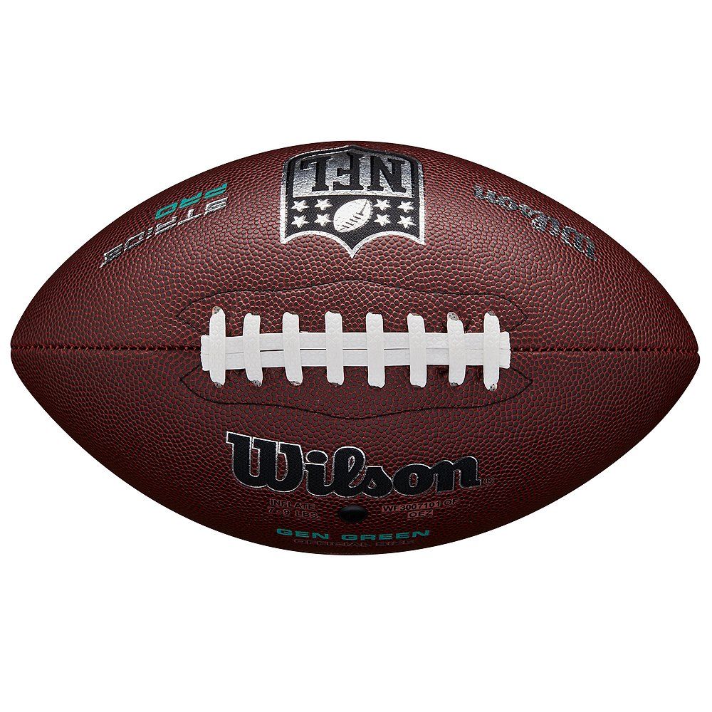Brauner Football mit weißer Schnürung. NFL-Logo und "Wilson" Schriftzug.