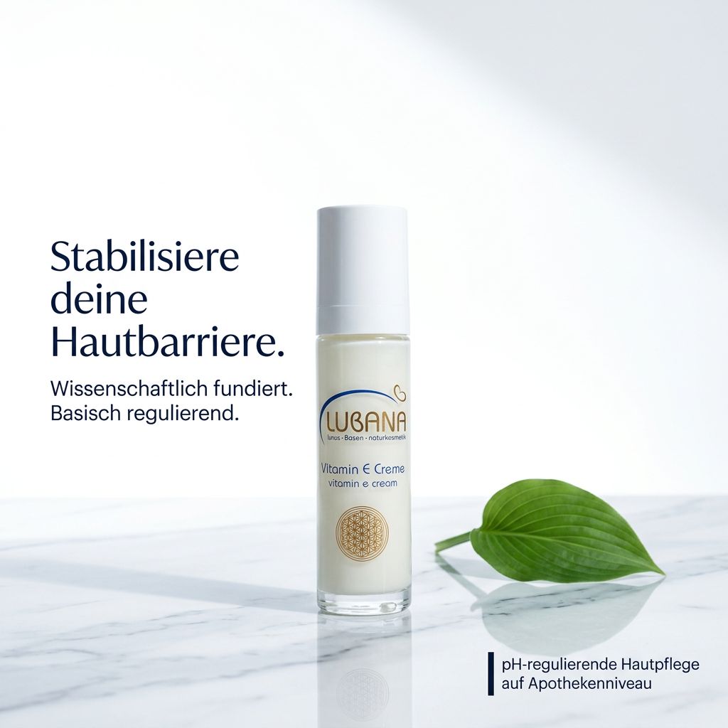 Creme-Flakon neben Blatt. Text: Stabilisiere deine Hautbarriere. pH-regulierende Hautpflege.