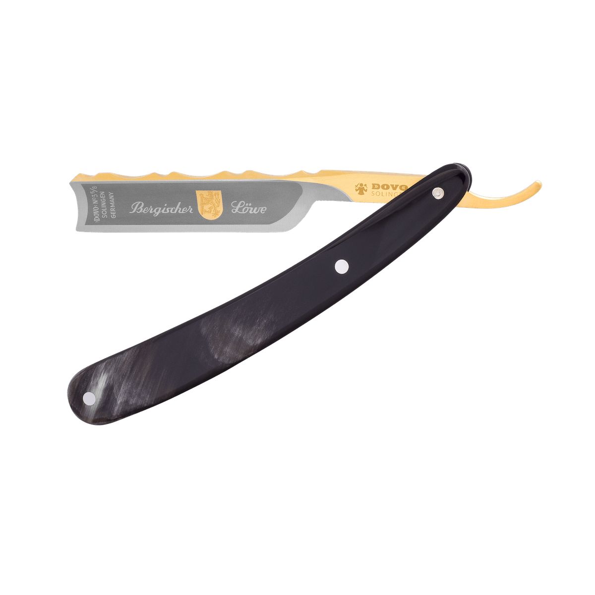 Rasiermesser mit schwarzem Griff, goldfarbener Klinge mit Gravur „Bergischer Löwe“. Marke DOVO.