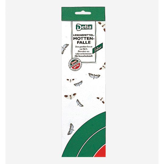 Detia Lebensmittel-Mottenfalle. Weiße Verpackung mit grünen und roten Elementen. Motten-Illustrationen.