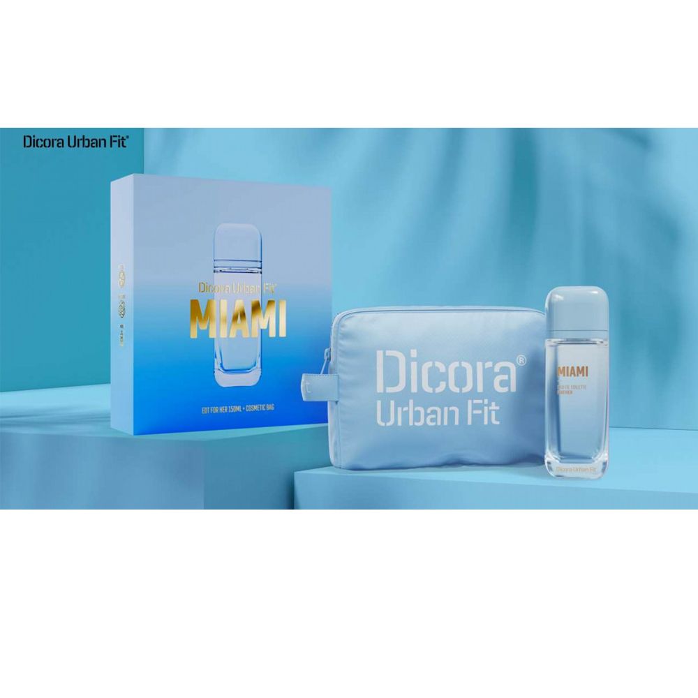 Hellblaues Set von Dicora Urban Fit. Enthält Eau de Toilette, Kosmetiktasche und Schachtel. Auf der Schachtel steht "Miami".
