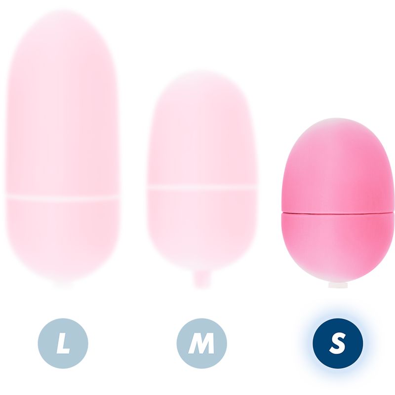Drei rosa Eier in verschiedenen Größen: L, M und S. Die kleinste Größe ist hervorgehoben.
