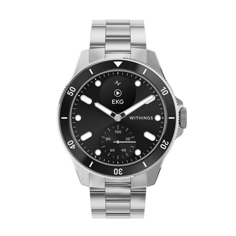 Armbanduhr mit EKG-Anzeige. Schwarzes Zifferblatt, Metallarmband, Withings-Logo.