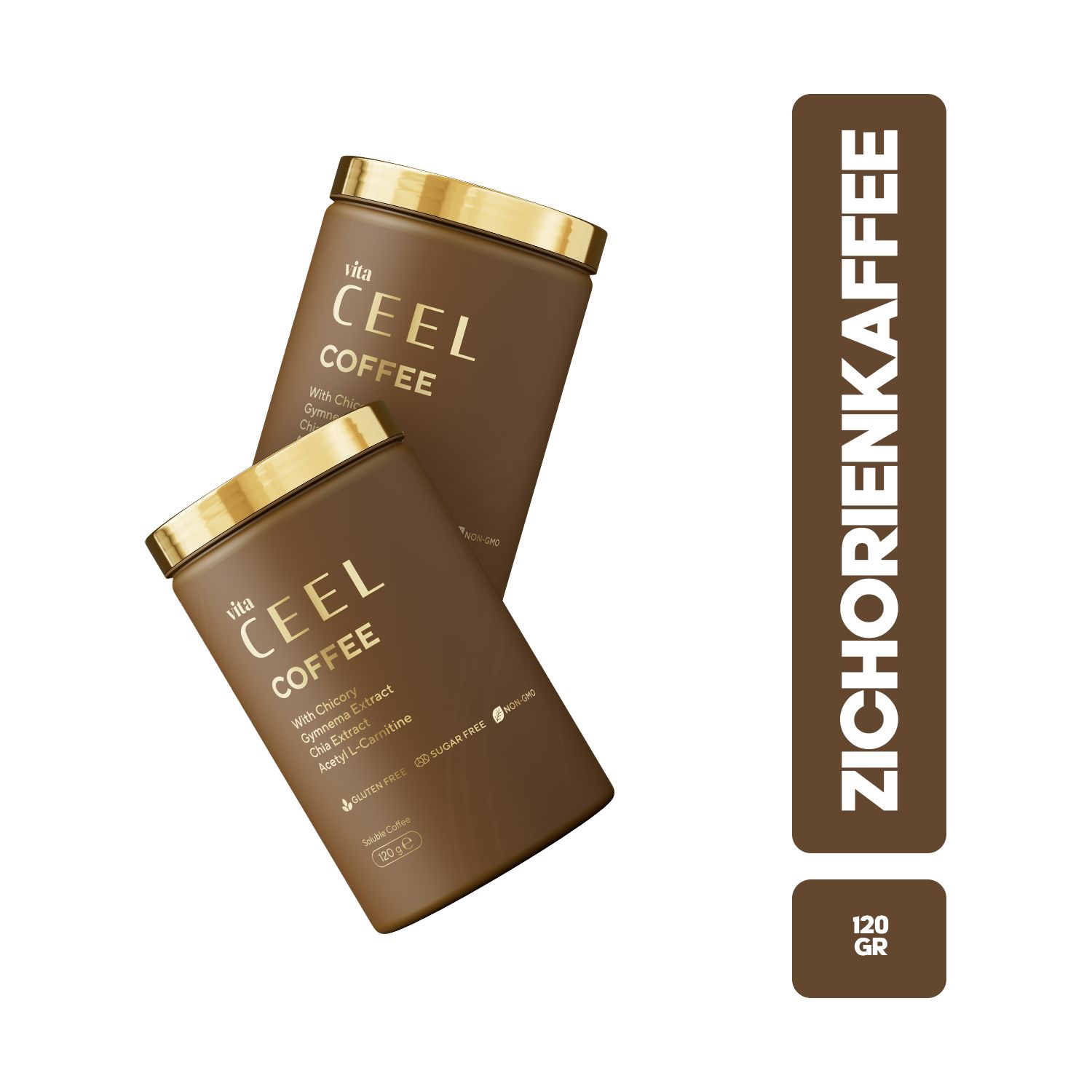 Zwei braune Dosen "CEEL COFFEE" mit goldenen Deckeln. Daneben vertikal "ZICHORIENKAFFEE" und "120 GR".