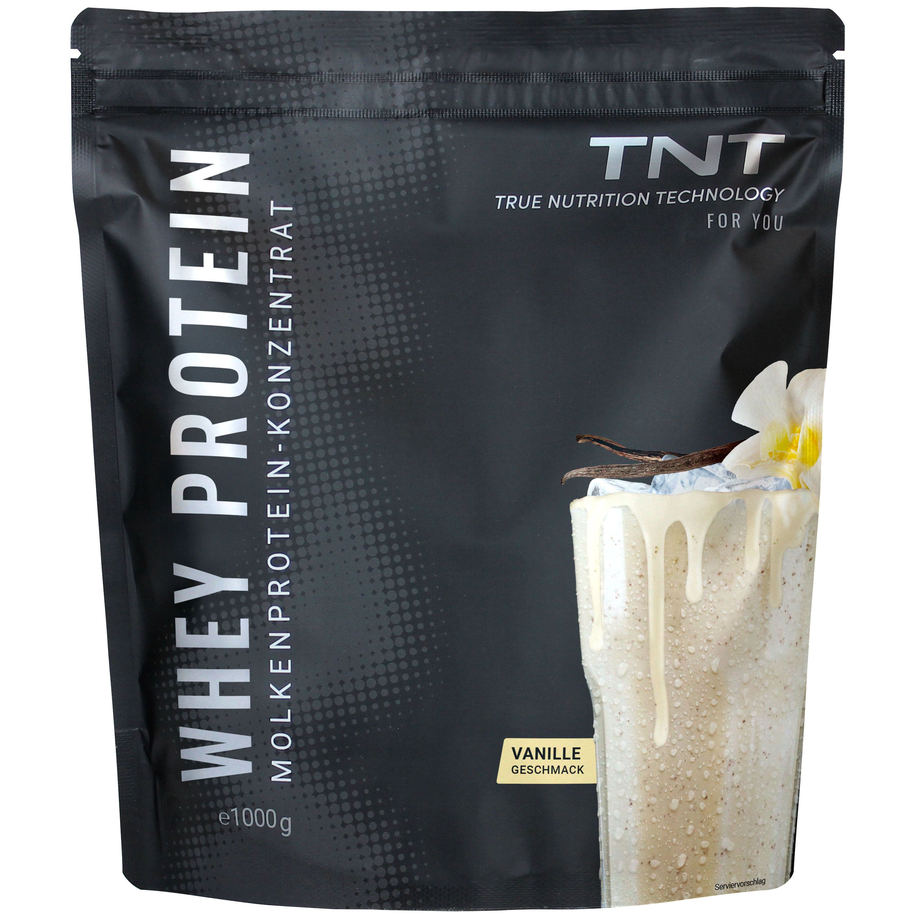 Schwarze Tüte mit TNT Whey Protein Konzentrat. Aufschrift: Whey Protein, Molkenprotein-Konzentrat, Vanille Geschmack. Abbildung eines Shakes.