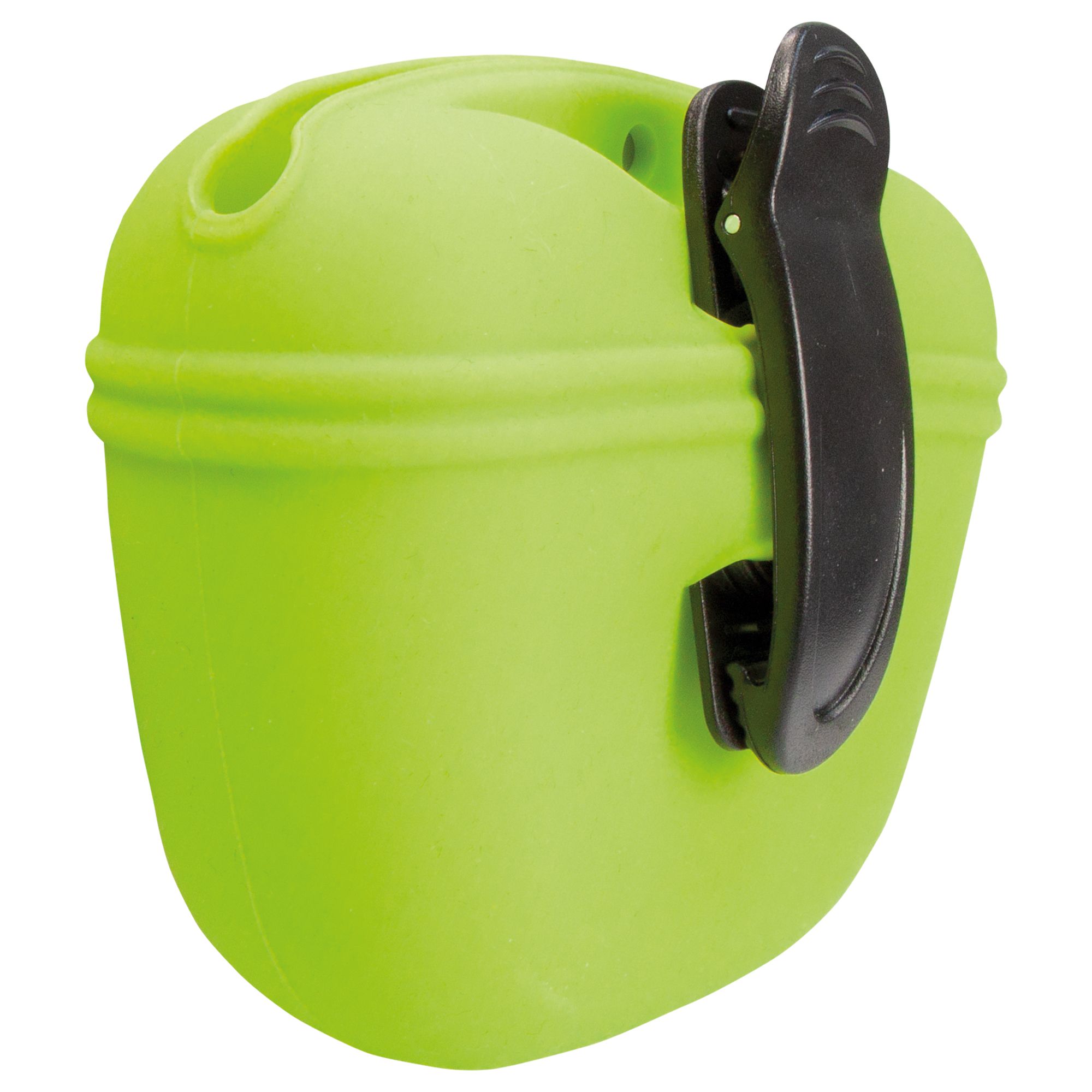 Grüner Silikon-Snackbeutel mit Magnetverschluss. Schwarzer Clipverschluss. Runde Form. Loch an der Oberseite.