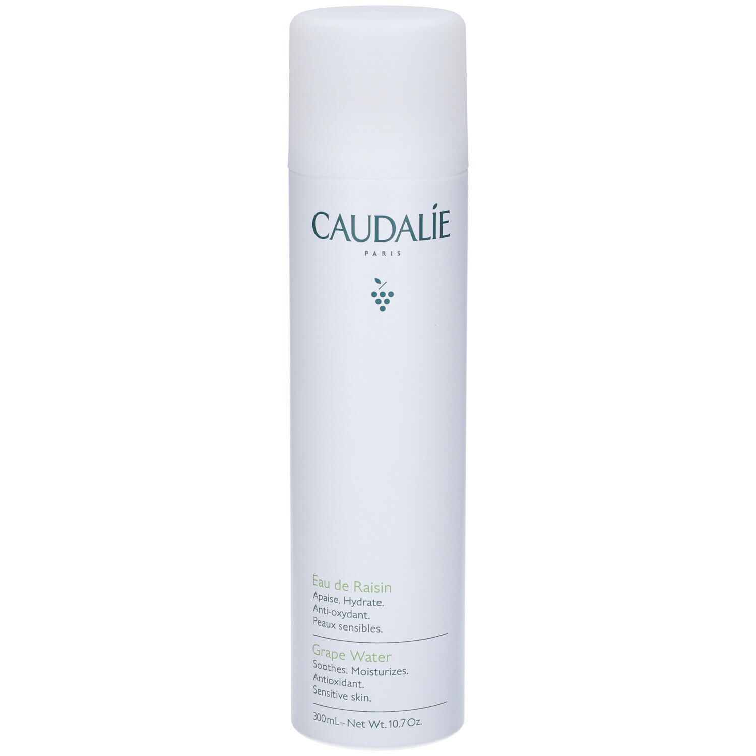 Spray Caudalie bianco, scritta verde. Iscrizione: Eau de Raisin, Grape Water. Flacone con erogatore spray.