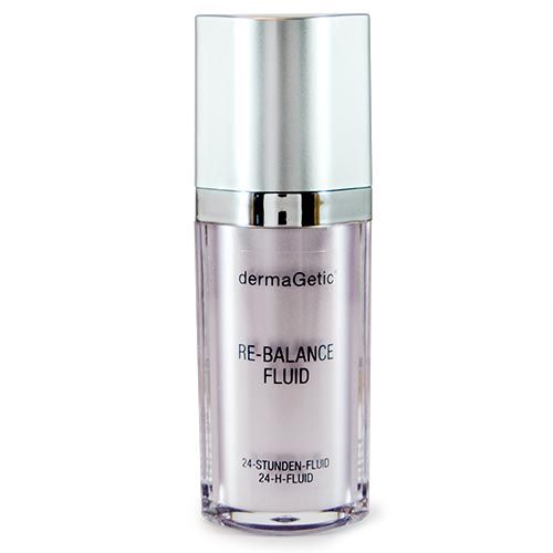 Zylindrische Flasche mit silbernem Deckel. Aufschrift: dermaGetic, RE-BALANCE FLUID, 24-STUNDEN-FLUID, 24-H-FLUID.