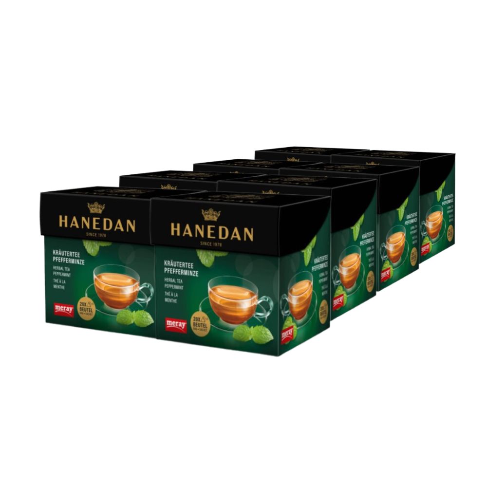 Mehrere Kartons Kräutertee Pfefferminze. Schwarze Verpackung mit Logo und Produktabbildung. Grün-goldenes Design.