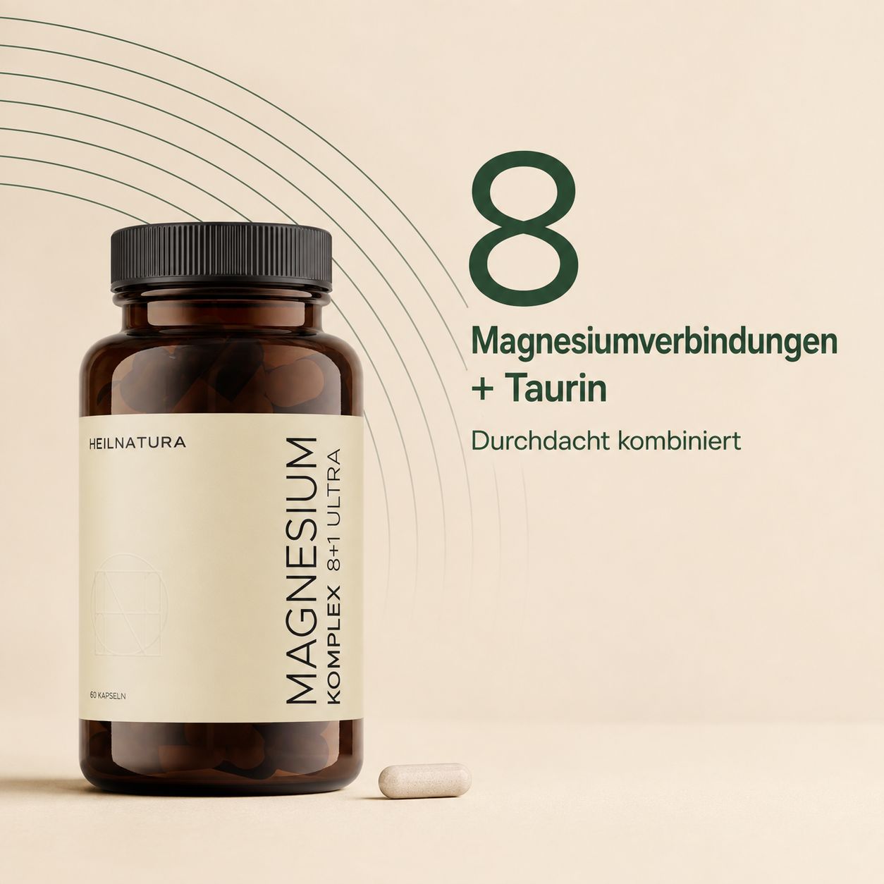 Flasche "Magnesium Komplex 8+1 Ultra", eine Kapsel, "8 Magnesiumverbindungen + Taurin".