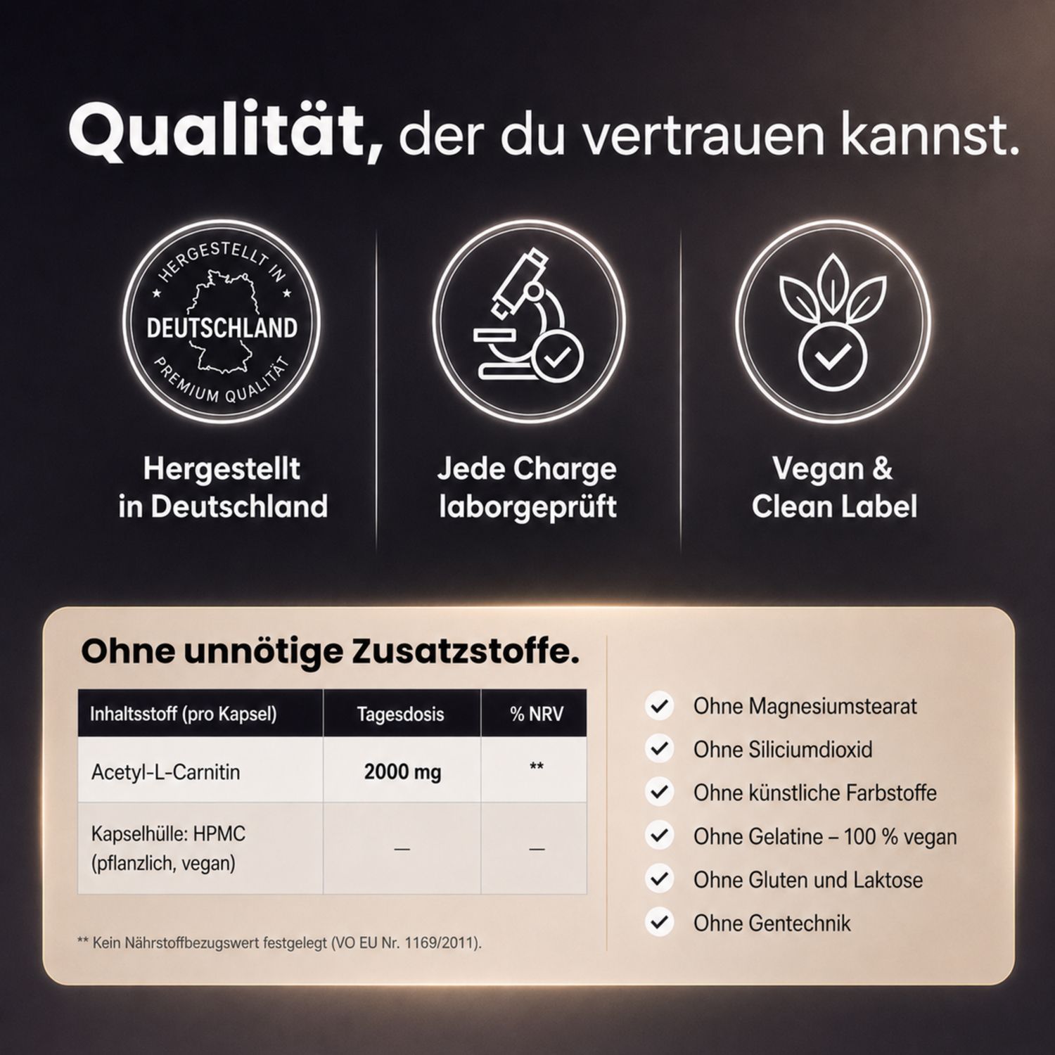 Qualitätssiegel: Hergestellt in Deutschland, Labor geprüft, Vegan & Clean Label.