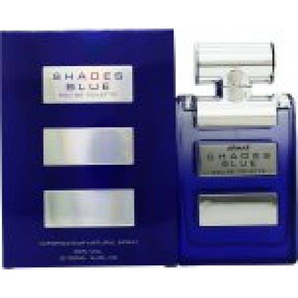 Blaues Eau de Toilette Spray mit Verpackung. Aufschrift: SHADES BLUE, EAU DE TOILETTE. Flakon und Verpackung in Blau.