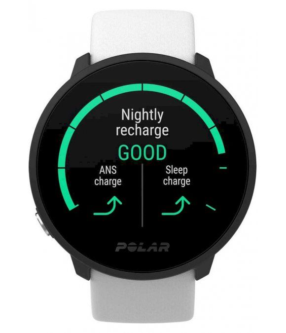 Polar Unite Fitnessuhr mit Schlafanalyse. Anzeige: Schlafqualität. Schwarzes Gehäuse, weißes Armband.