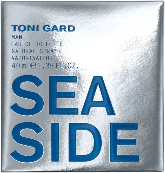 Silberne Verpackung mit blauer Schrift. Enthält Produktinformationen: Toni Gard, Man, Eau de Toilette, Seaside.