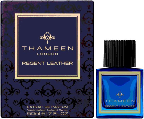 Dunkelblaue Parfumflasche und Schachtel. Aufschrift: Thameen London, Regent Leather. Extrait de Parfum. 50ml e 1.7 FL.OZ.