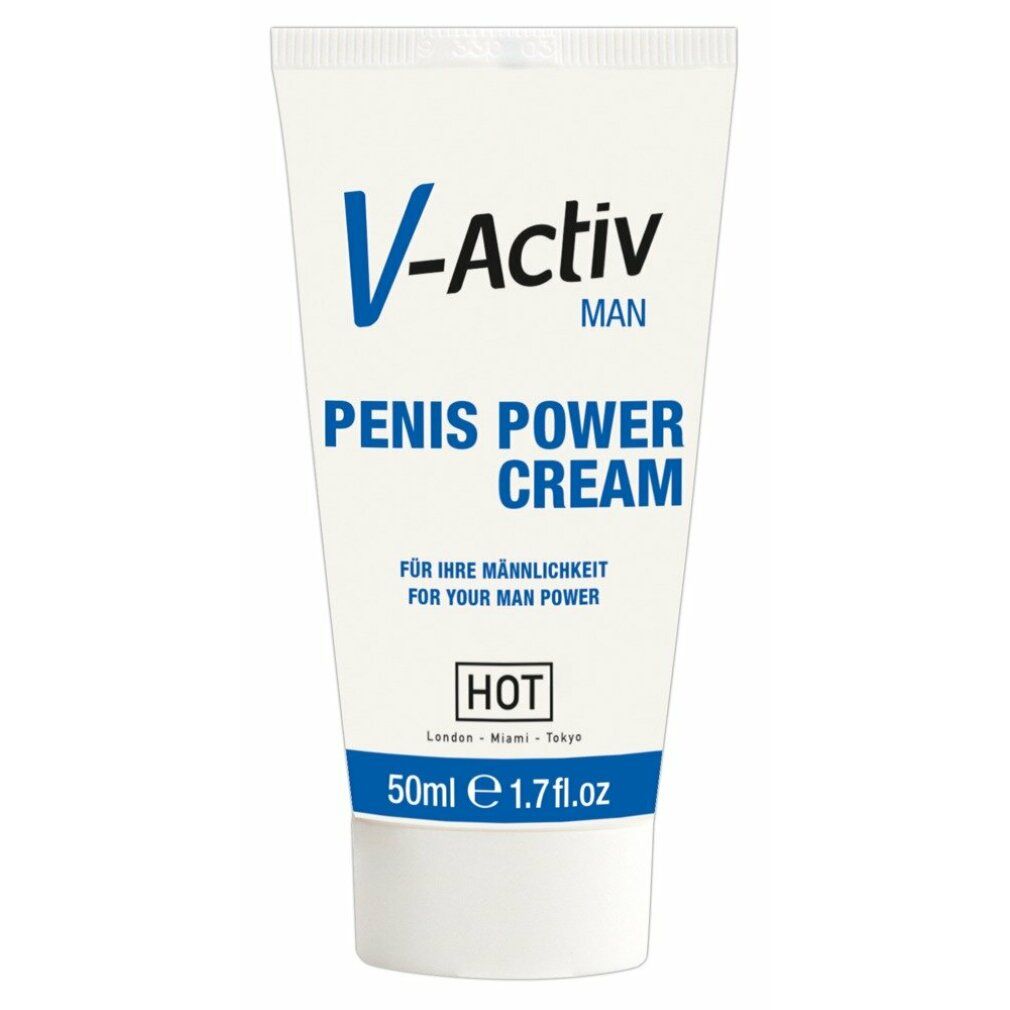 Weiße Tube mit blauer Schrift. Aufschrift: V-Activ, Penis Power Cream. Marke: HOT. Volumen: 50ml.