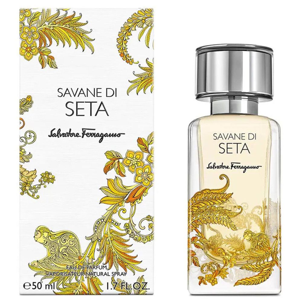Parfümflakon und Verpackung. Aufschrift: Savane Di Seta, Salvatore Ferragamo. Goldene Verzierungen. 50 ml.
