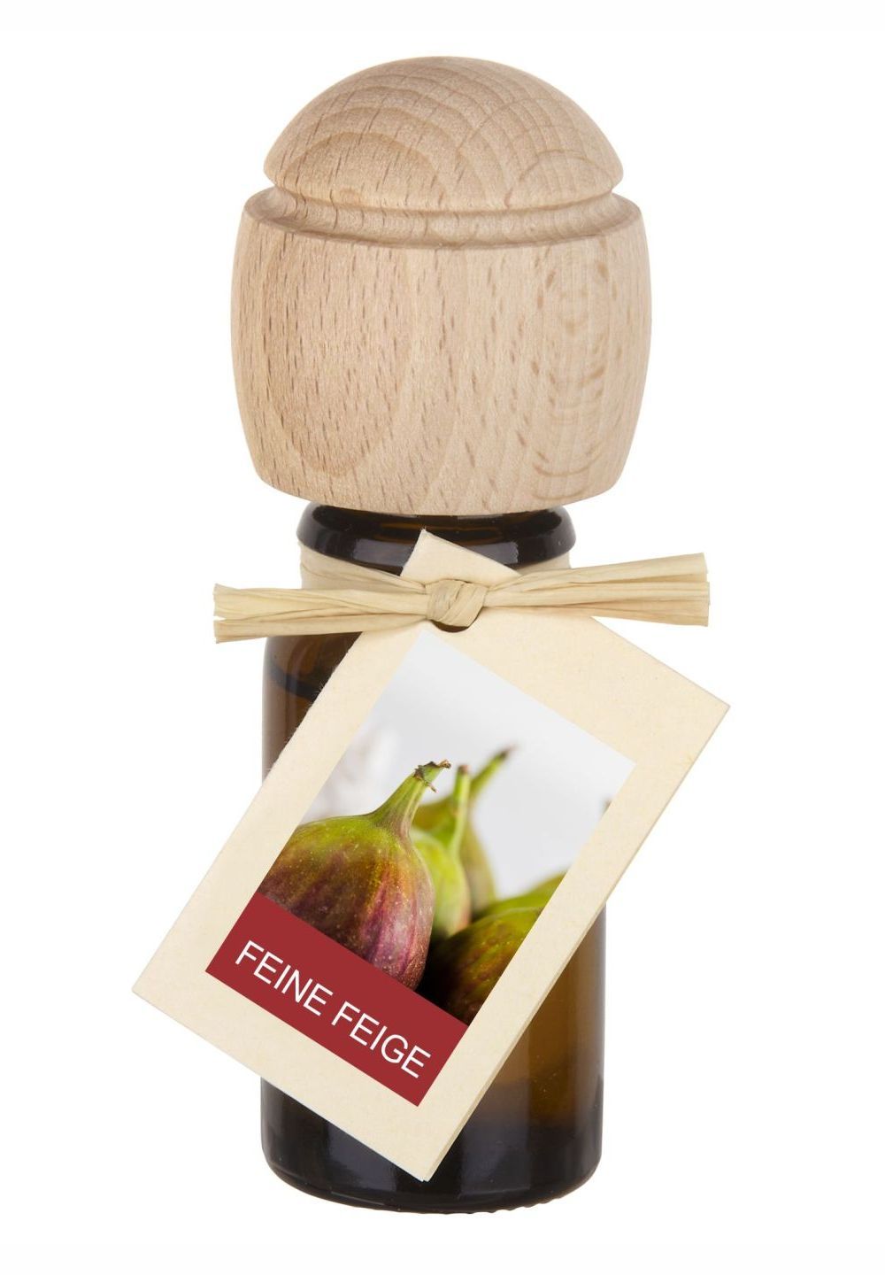 Braune Glasflasche mit Holzverschluss und Anhänger. Auf dem Anhänger: Feigen-Abbildung und Schriftzug "Feine Feige".