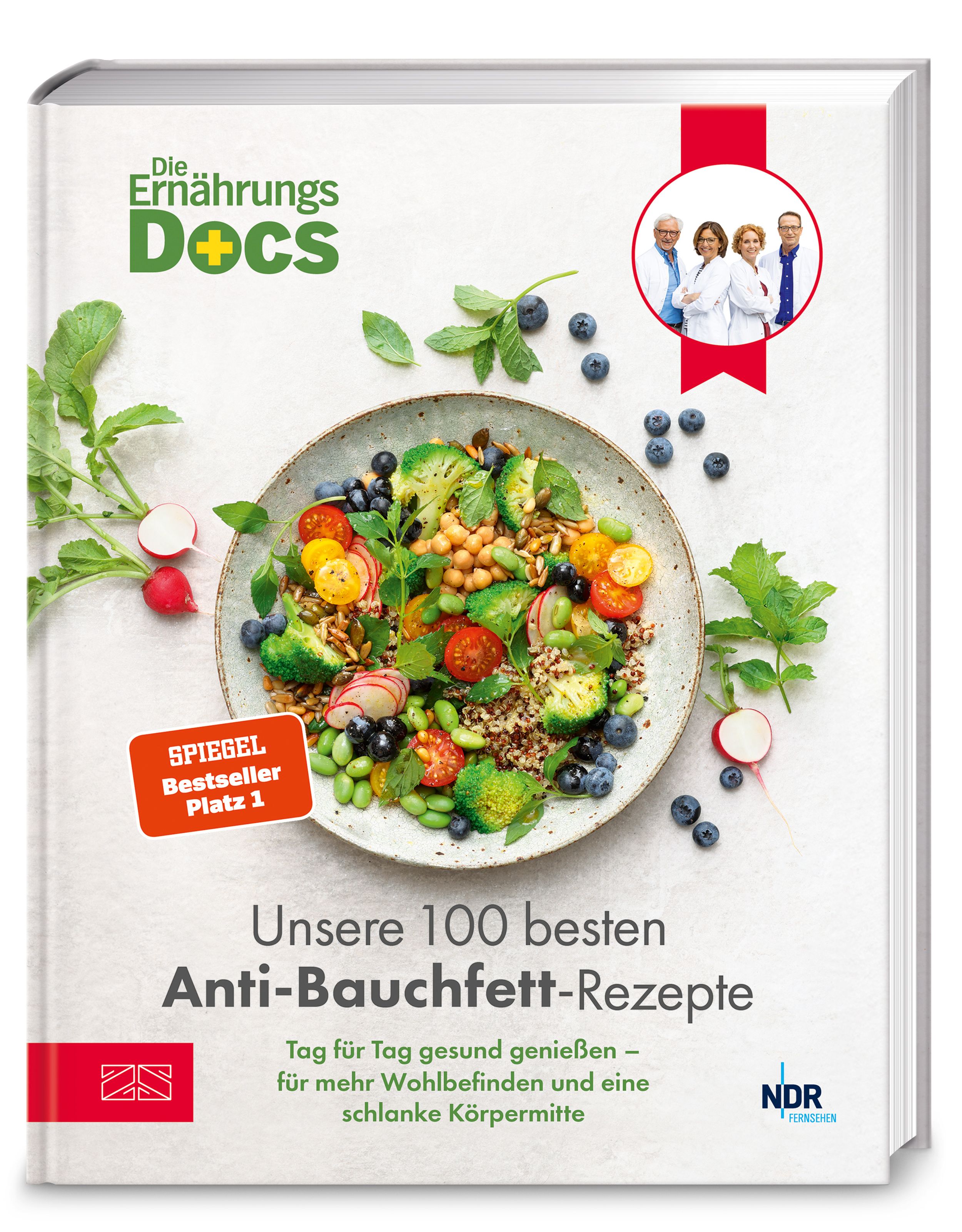 Buchcover: "Die Ernährungs-Docs – Unsere 100 besten Anti-Bauchfett-Rezepte". Mit Tellergericht, Personenkreis, Bestseller-Label.