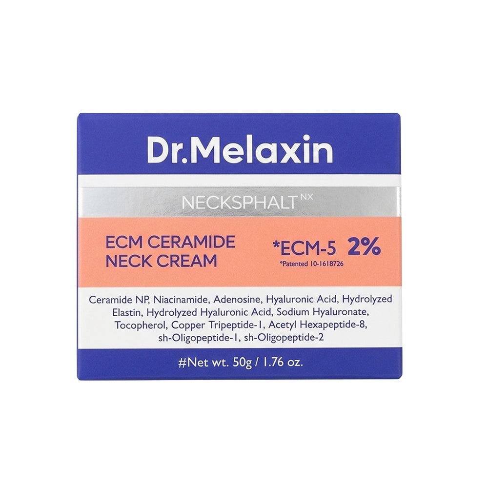 Dr. Melaxin Necksphalt ECM Ceramide Nackcreme Behälter mit Etikett, das Inhaltsstoffe auflistet.