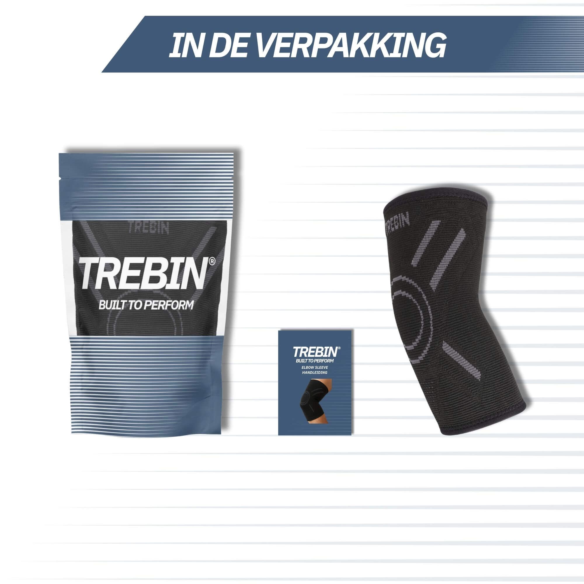Verpackungsinhalt: Ein schwarzer Ellbogen-Protektor, eine kleine Box und eine Verpackungstasche mit 'TREBIN'-Logo.