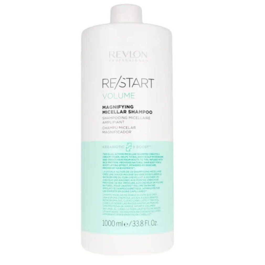 Weißes Shampoo-Behältnis mit grünem Etikett. Text: Revlon Re-Start Volume Magnifying Micellar Shampoo. 1000 ml.
