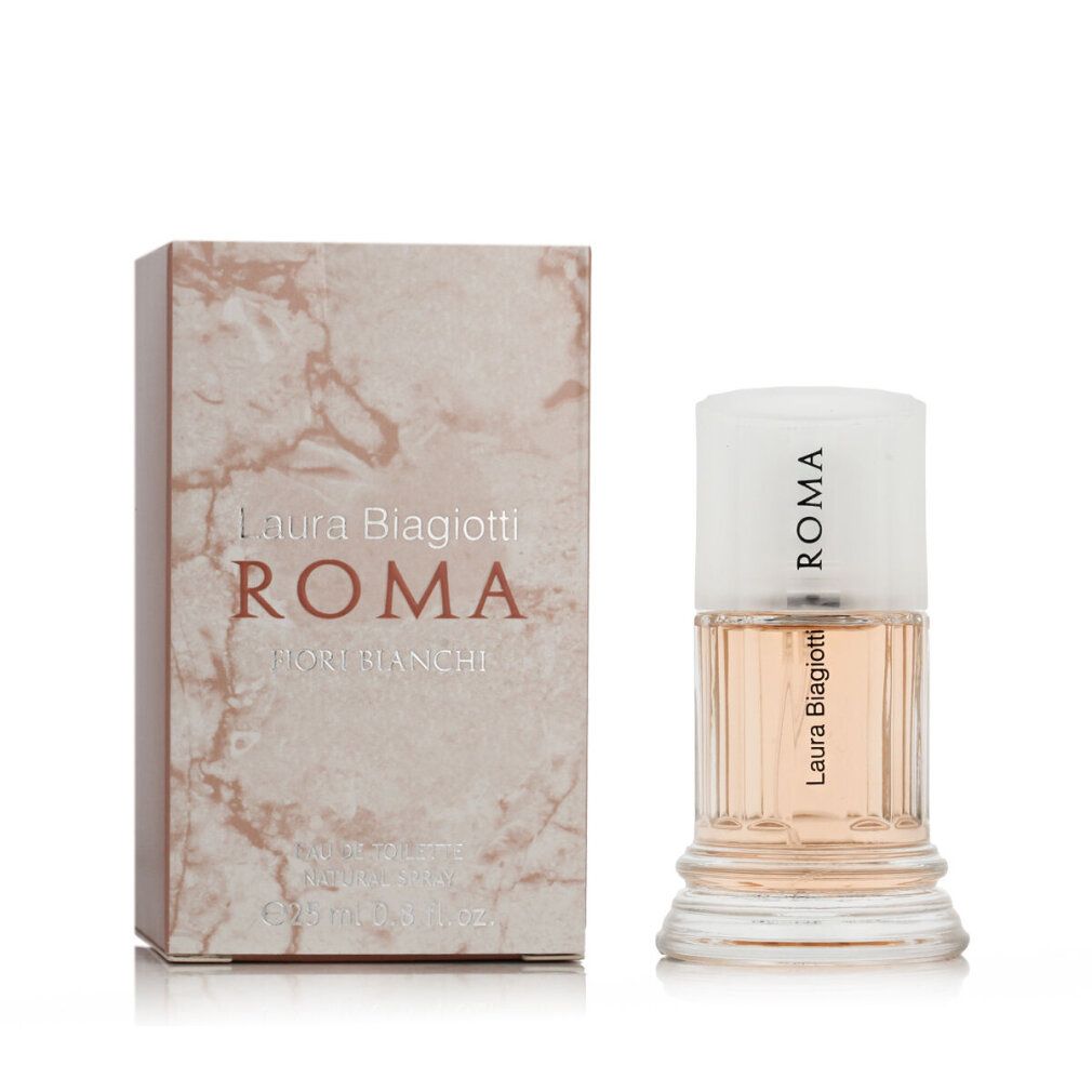 Laura Biagiotti Roma Fiori Bianchi Eau de Toilette Flakon und Verpackung.
