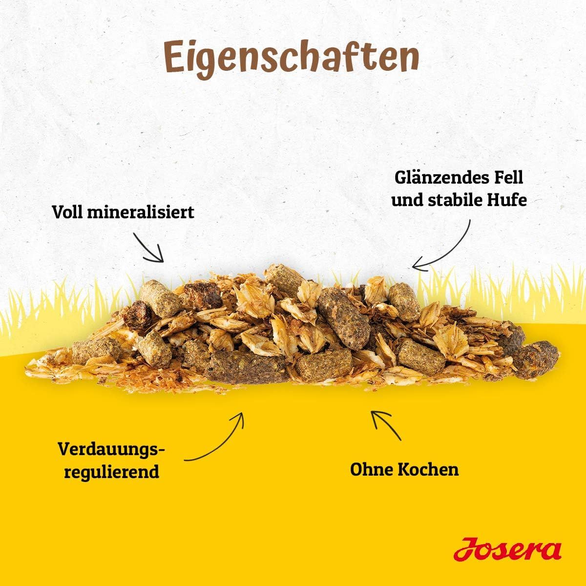 Josera Mash Rapid: Müsli-Mischung mit Pellets, Haferflocken und Leinsamen. Eigenschaften: Glänzendes Fell, stabile Hufe, Verdauungsregulierung, ohne Kochen.