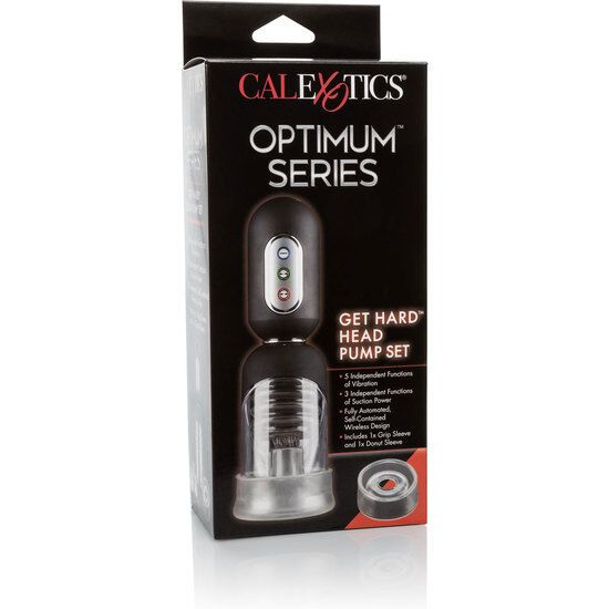 Verpackung mit Produkt. Schwarze Box mit Produktabbildung und Text: OPTIMUM SERIES, GET HARD HEAD PUMP SET.