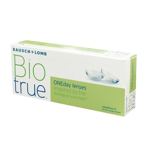 Verpackung von Kontaktlinsen. Aufschrift: Bausch + Lomb, Bio true, ONEday lenses. Abgebildet sind Kontaktlinsen.