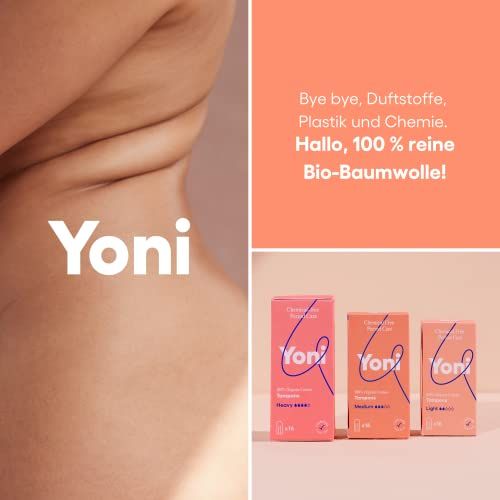 Collage: Yoni-Logo, drei Packungen Tampons, Text: 100% Bio-Baumwolle. Hintergrund: Rosa.