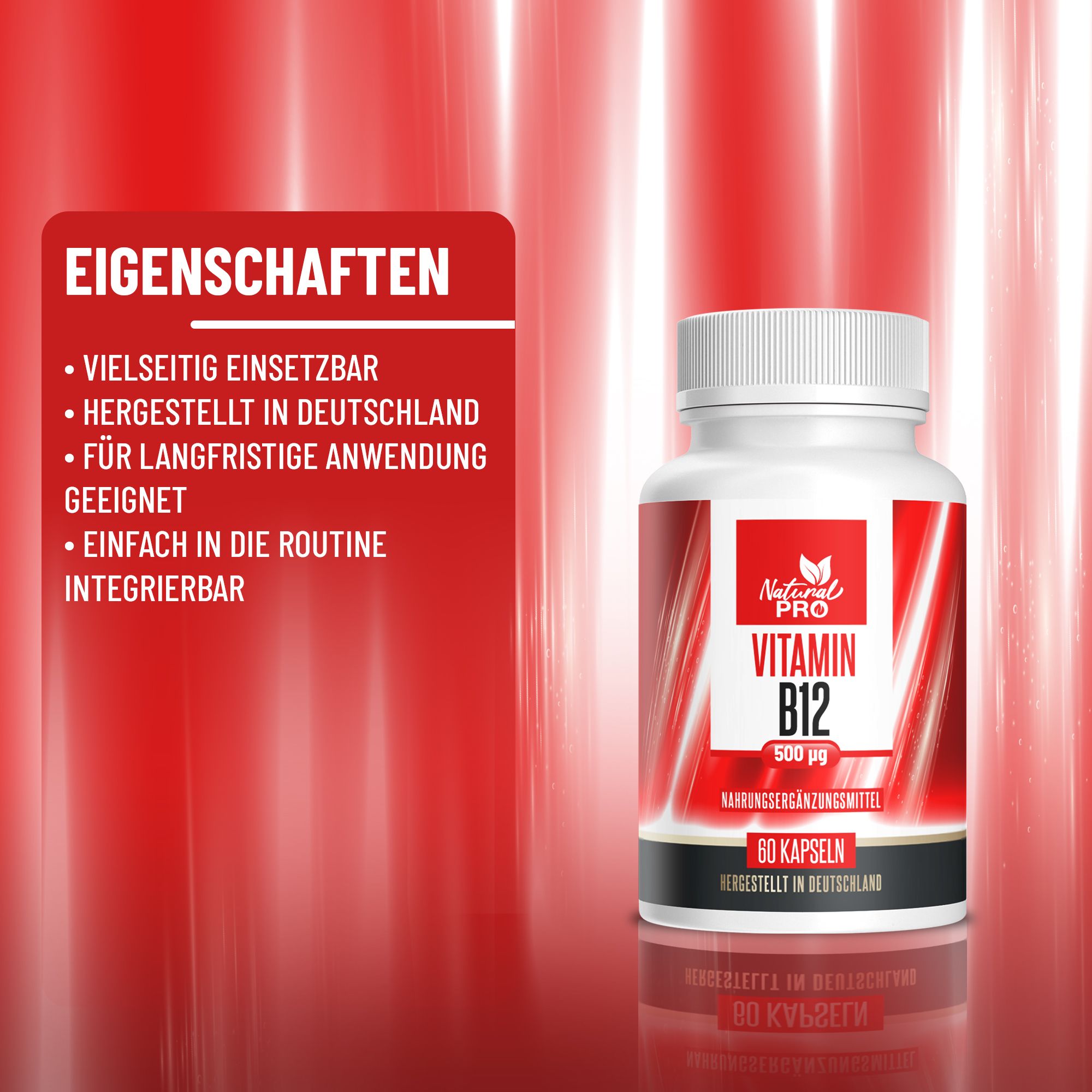 Eigenschaften: Flasche Natural Pro Vitamin B12. Vielseitig einsetzbar, hergestellt in Deutschland, für langfristige Anwendung geeignet.