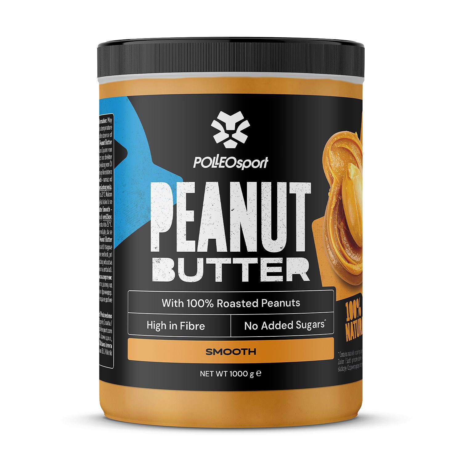 Erdnussbutter-Behälter mit schwarzem Deckel. Aufschrift: Polleo Sport, Peanut Butter. Enthält Angaben zu Nährwerten und 100% geröstete Erdnüsse.