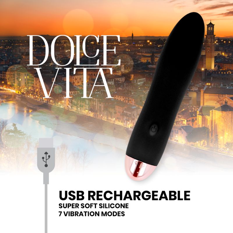 Schwarzer Silikon-Vibrator mit roségoldfarbenem Ende. USB-Ladefunktion. Produktname und Vibrationsmodi angegeben.