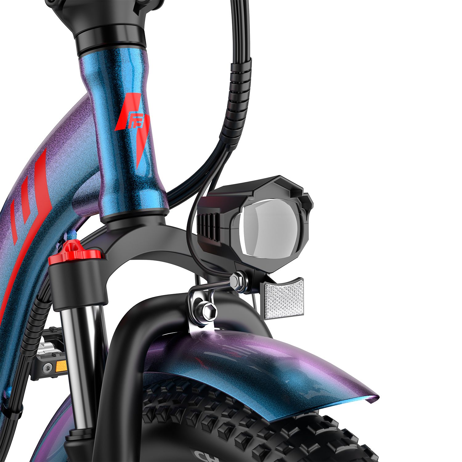 Nahaufnahme der Vorderseite des Fahrrads. Scheinwerfer, Schutzblech und Gabel.