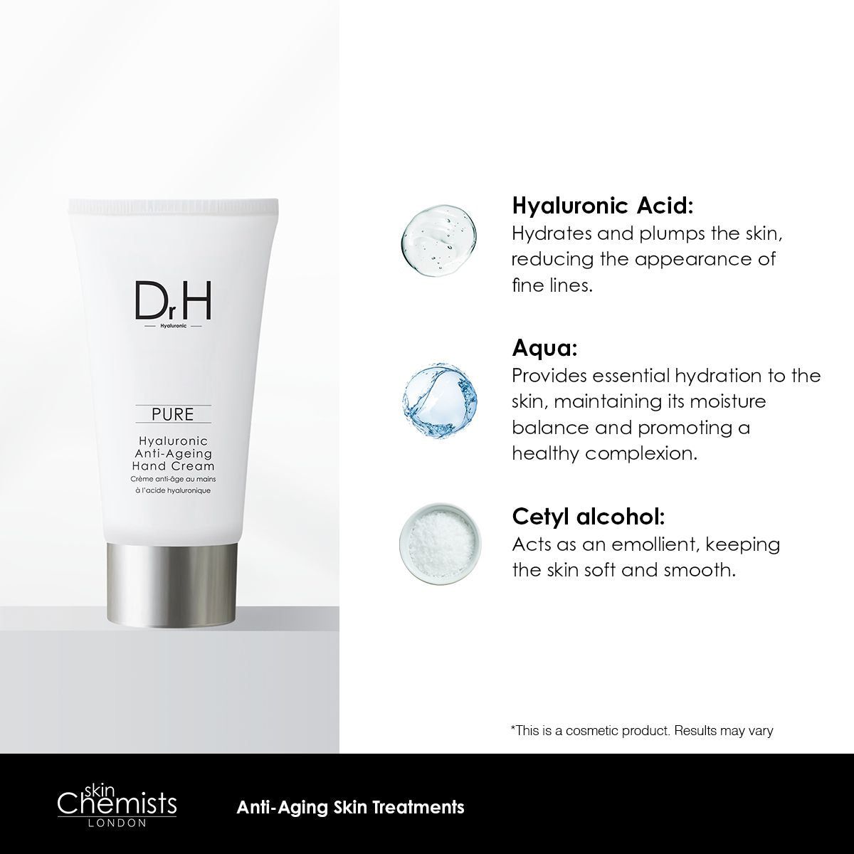 Weiße Tube mit Aufschrift Dr. H, Pure, Hyaluronsäure Anti-Aging Handcreme. Text über Inhaltsstoffe: Hyaluronsäure, Aqua, Cetylalkohol.
