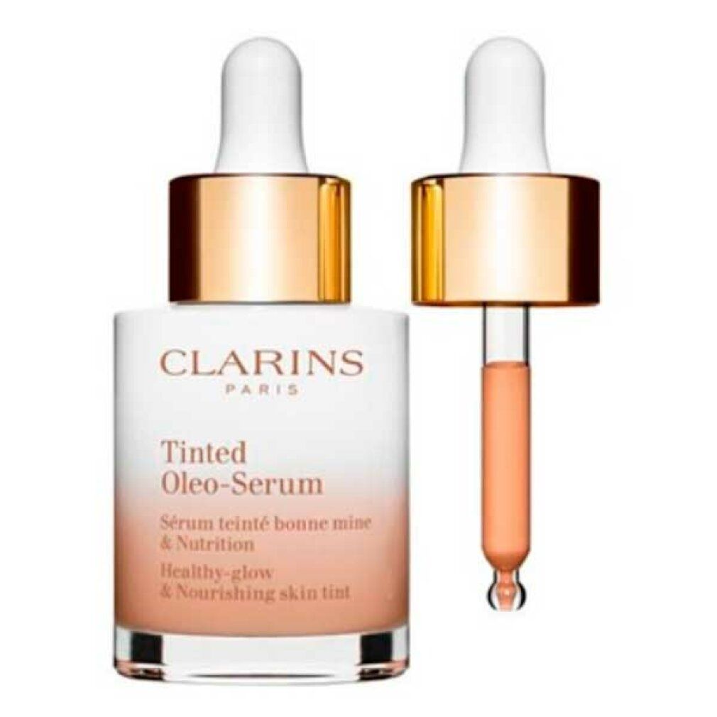 Flakon mit Pipette und separater Pipette. Aufschrift: Clarins Paris, Tinted Oleo-Serum. Text: Sérum teinté bonne mine & Nutrition, Healthy-glow & Nourishing skin tint.
