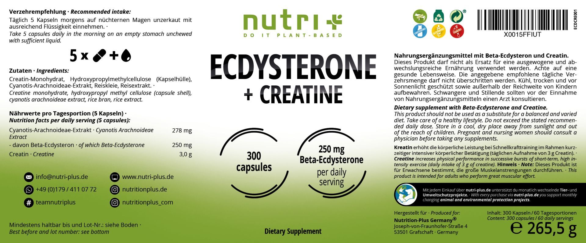 Nutri+ Ecdysteron + Creatin 300 Kapseln