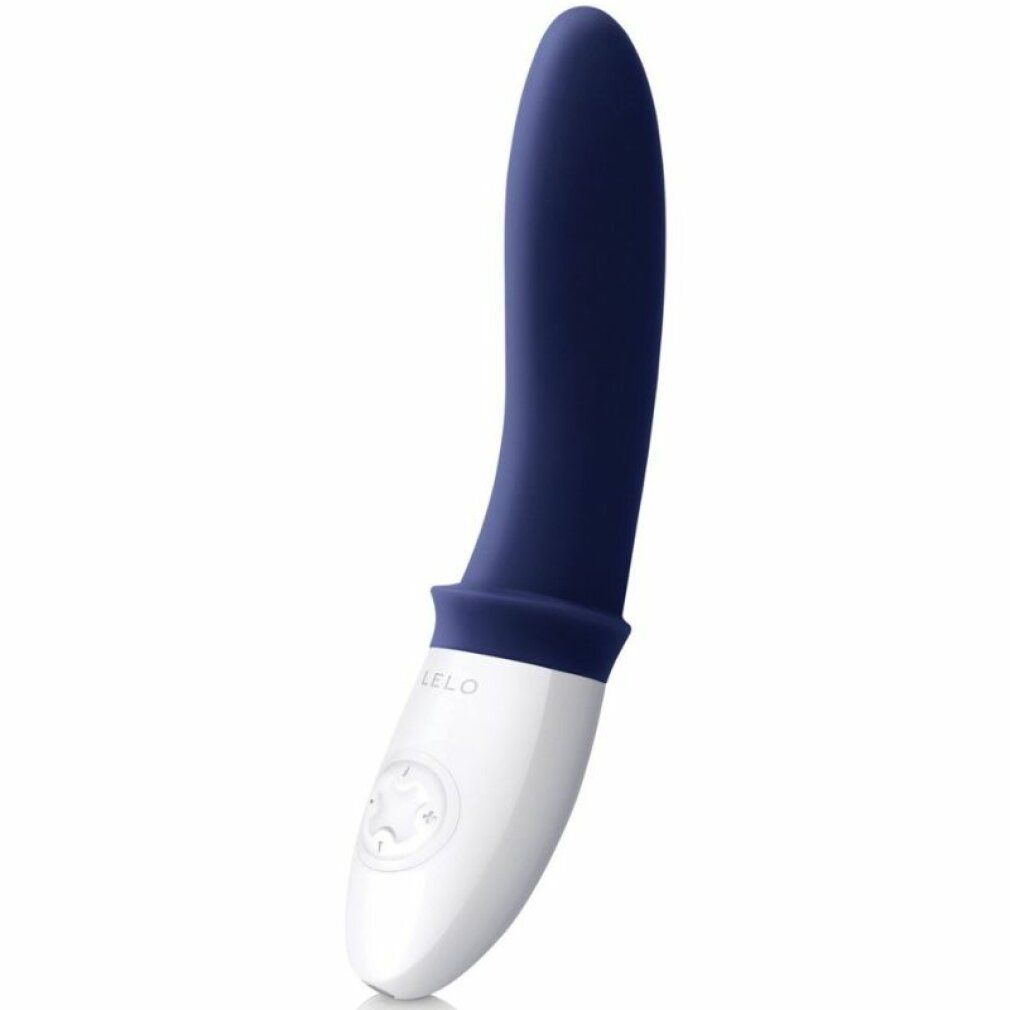Blau-weißer, gebogener Vibrator. Weißer Griff, blauer Kopf. LELO-Logo.