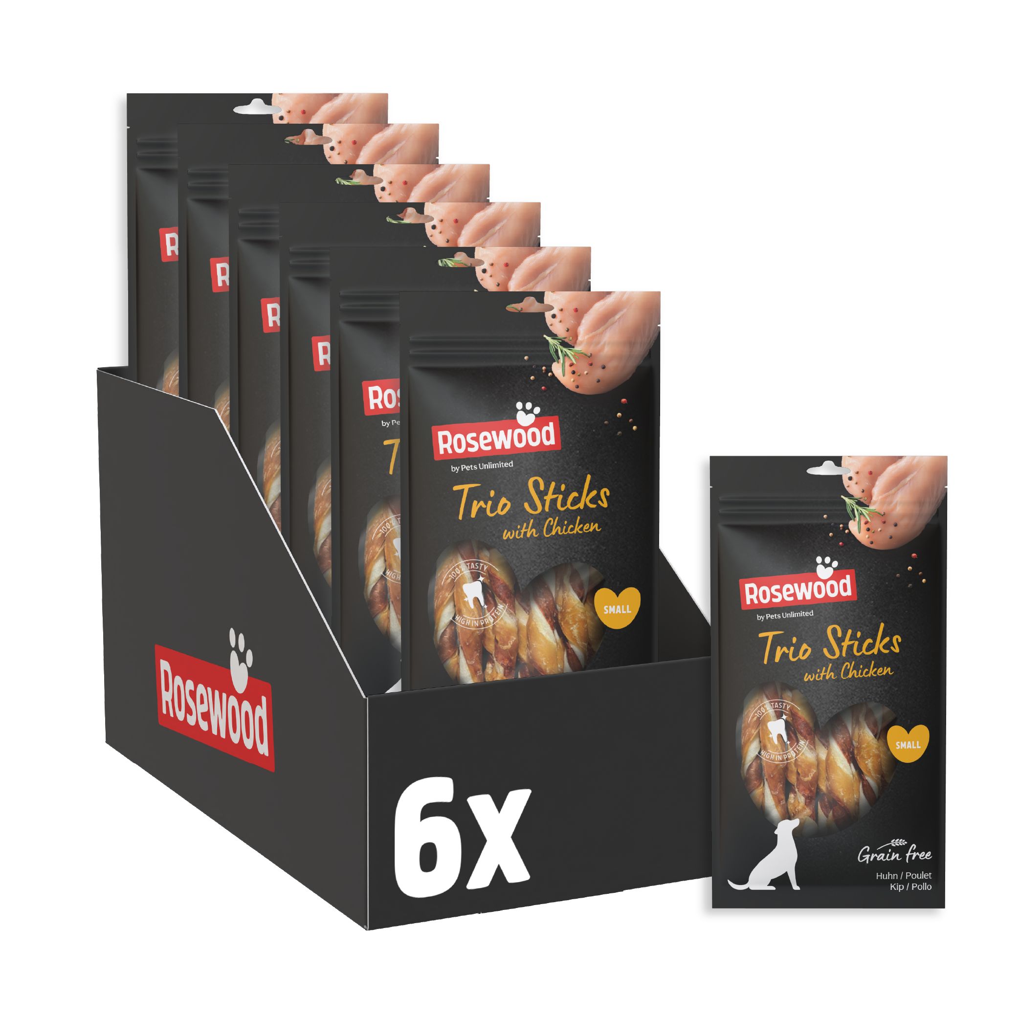 Schwarzer Karton mit 6 Packungen Rosewood Trio Sticks. Eine Packung steht daneben. Logo, Produktname und „Small“ gelb markiert.