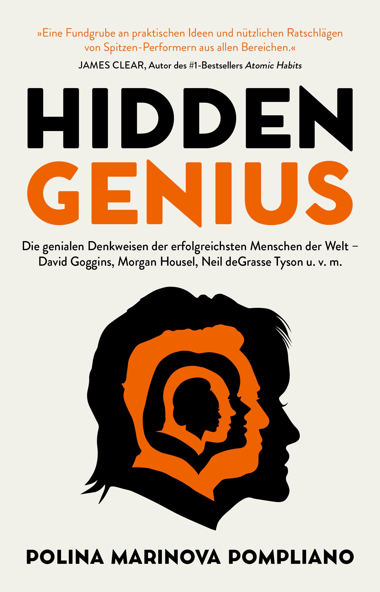 Buchcover mit Titel "HIDDEN GENIUS" in Schwarz und Orange. Autorin: Polina Marinova Pompliano. Zitat von James Clear.