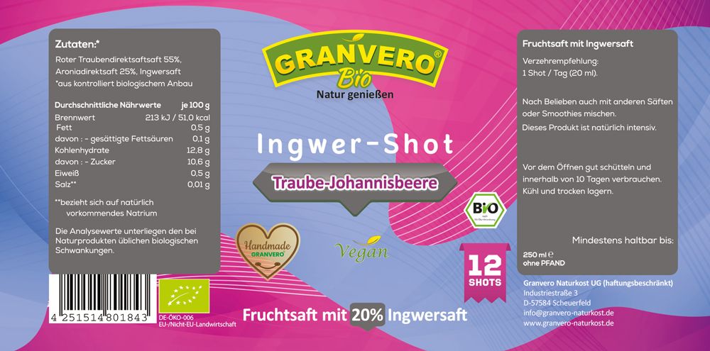 GRANVERO® Bio Ingwer Shot Traube-Johannisbeere