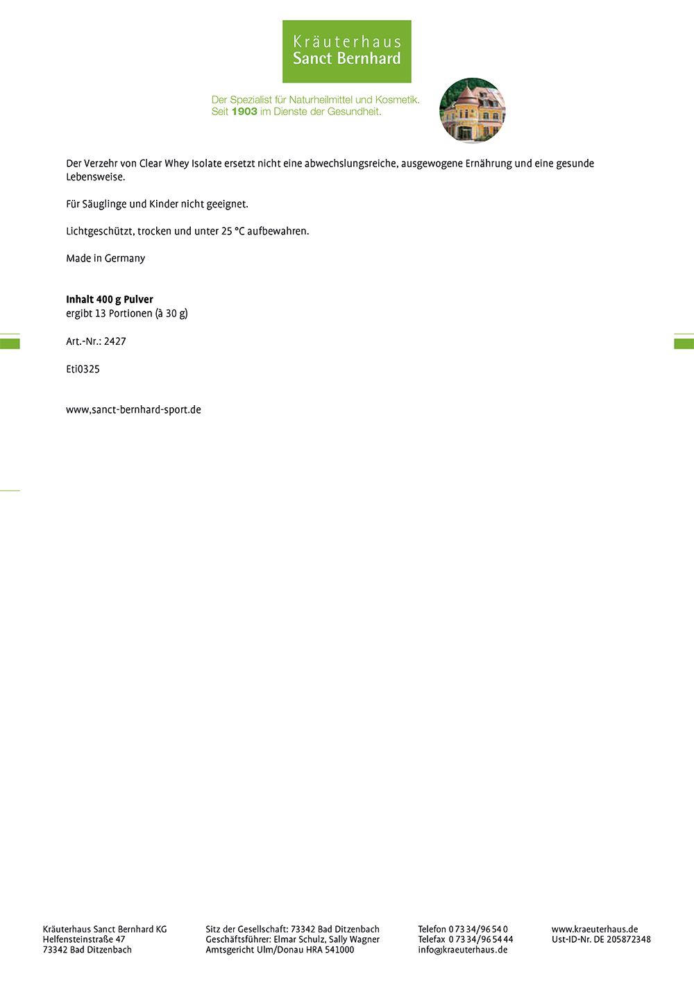 Weißes Blatt mit Text. Enthält Informationen zu Clear Whey Isolate, Inhaltsangaben, und Herstellerinformationen.
