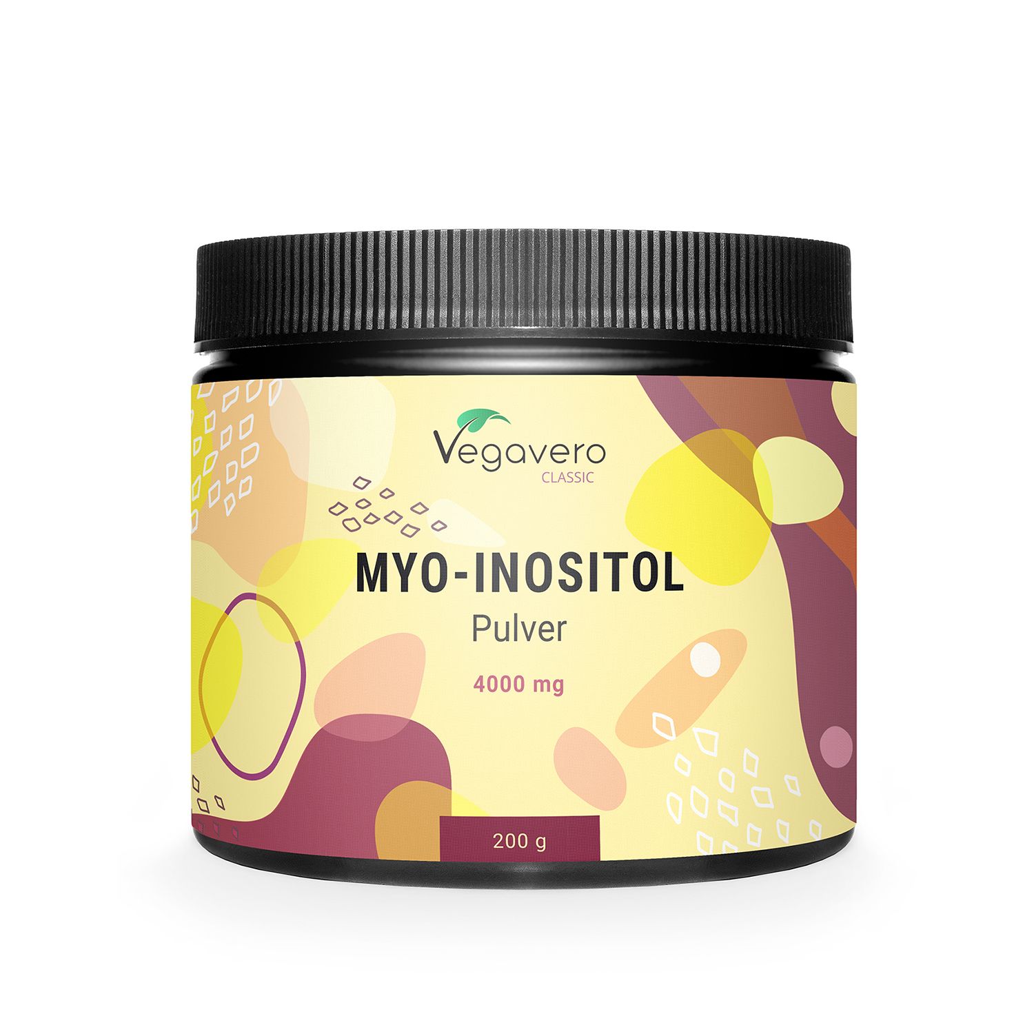 Barattolo nero di polvere di Myo-Inositolo VEGAVERO. Scritta: MYO-INOSITOL Pulver, 4000 mg, 200 g.