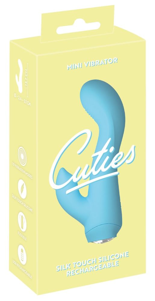 Gelbe Verpackung mit hellblauem Wellness-Produkt. Schriftzug 'Cuties'. Produktabbildung und Text.