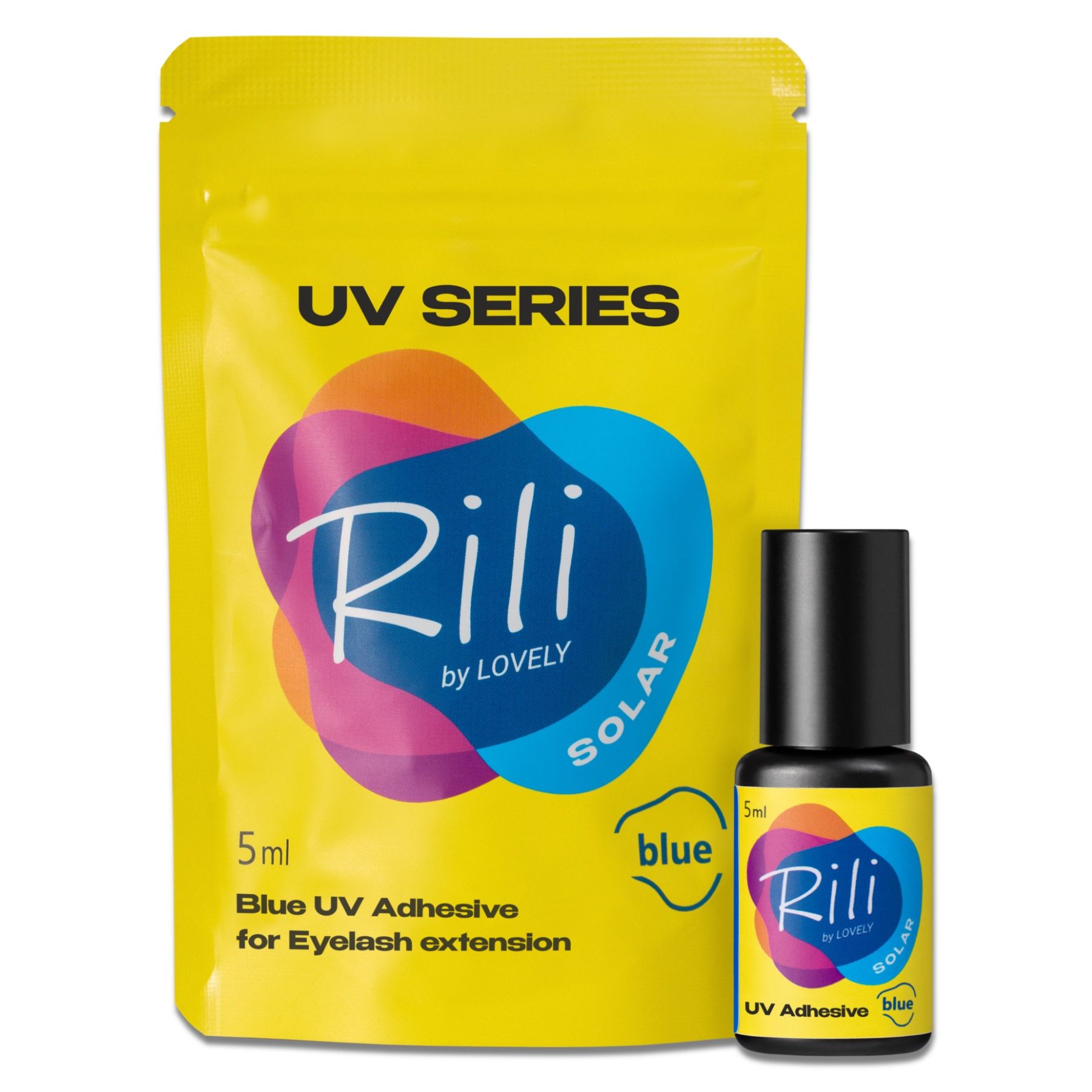 Gelbe Verpackung und Flasche Kleber. Text: Rili by LOVELY, UV SERIES, 5ml. Farbe: Blau.